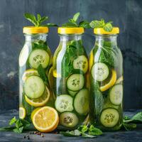 AI generated Three Mason Jars Filled With Cucumbers and Lemon Slices photo