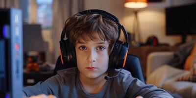 AI generated Young Boy With Headphones Using Computer photo