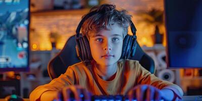 AI generated Boy Listening to Headphones at Computer photo