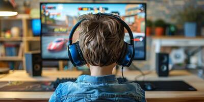AI generated Boy Listening to Headphones at Computer photo