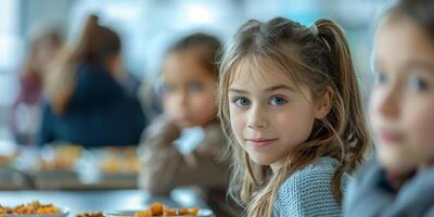 ai generado pequeño niña sentado a mesa con plato de comida foto