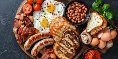 AI generated Bacon, Eggs, Beans, and Tomatoes in Pan photo