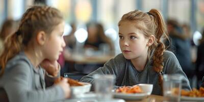 ai generado pequeño niña sentado a mesa con plato de comida foto