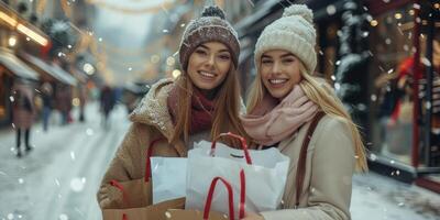 AI generated Two Women Holding Shopping Bags in the Snow photo