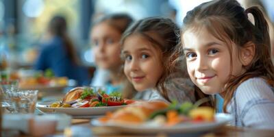 AI generated Little Girl Sitting at Table With Plate of Food photo