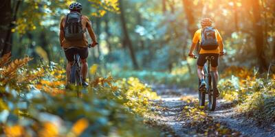 ai generado dos personas andar en bicicleta en bosque sendero foto