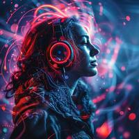 AI generated Woman Wearing Headphones on Red Background photo