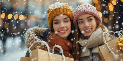 ai generado dos mujer participación compras pantalones en el nieve foto