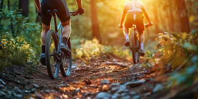 ai generado dos personas andar en bicicleta en bosque sendero foto