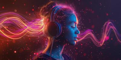 ai generado mujer escuchando a música con auriculares foto