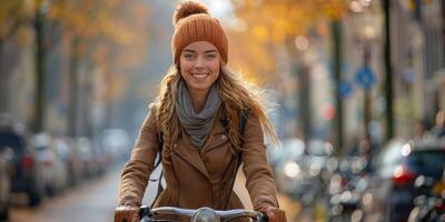 ai generado mujer montando bicicleta abajo ciudad calle foto