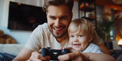 ai generado hombre y joven chico jugando vídeo juego foto