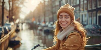 ai generado mujer en sombrero y bufanda montando bicicleta foto