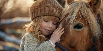 ai generado joven niña abrazando caballo en campo foto