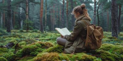 AI generated Girl Writing in Woods photo