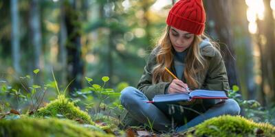 AI generated Girl Writing in Woods photo