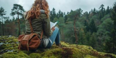 AI generated Girl Writing in Woods photo