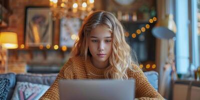 AI generated Young Woman Using Laptop at Table photo