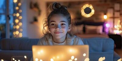 AI generated Little Girl Using Laptop Computer photo