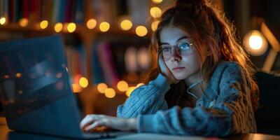 AI generated Young Woman Using Laptop at Table photo