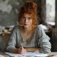 AI generated Woman Writing at Table photo