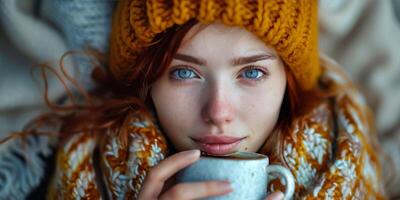 AI generated Woman Knitted Hat Scarf Holding Coffee Cup photo