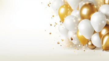 AI generated Off-centered Birthday Background with Gold and White Balloons, Featuring Large Copy Space Area photo