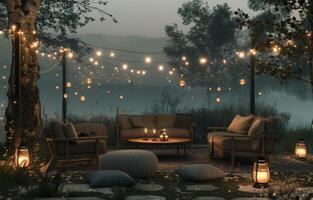 AI generated outdoor furniture surrounded by string lights photo