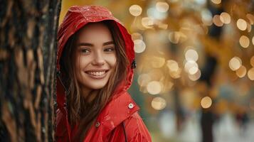 AI generated a beautiful young woman in a red raincoat looks out from behind a tree in the park photo