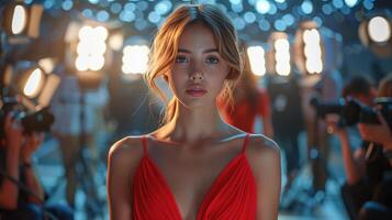 AI generated A beautiful young woman in a minimalistic red dress walks down the catwalk photo