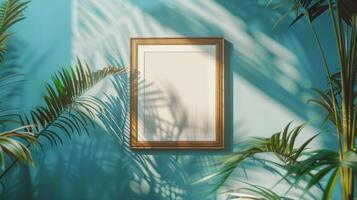 ai generado un blanco de madera imagen marco es suspendido en un azul muro, fundición un sombra de palma hojas foto