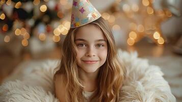 ai generado niña en un cumpleaños gorra sentado en un blanco mullido cruzar y sonriente a el cámara foto