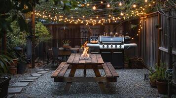 AI generated A cozy barbecue setup with a rustic grill, wooden picnic table photo