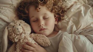 AI generated A little curly-haired boy of six years old sleeps in his crib, clutching a stuffed bunny photo