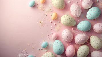 AI generated A serene background with soft pastel Easter eggs scattered across, leaving room for text photo