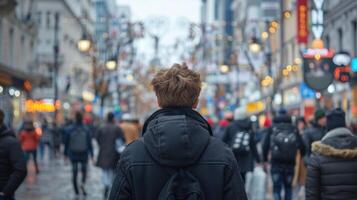 AI generated A young man in a black coat walks in a crowd along the street of a big city photo