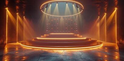AI generated an empty stage and spotlight with circular light bulbs as well as beams photo