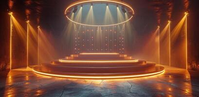 AI generated an empty stage and spotlight with circular light bulbs as well as beams photo