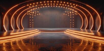 AI generated an empty stage and spotlight with circular light bulbs as well as beams photo