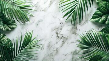 AI generated Abstract empty minimalistic white marble background with palm leaves on the left photo