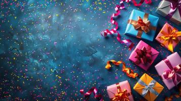 AI generated A vibrant birthday celebration with confetti, gifts, and a spot for your heartfelt message photo