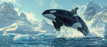 ai generado un orca saltando fuera de el agua, saltando Entre icebergs foto