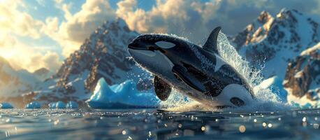 ai generado un orca saltando fuera de el agua, saltando Entre icebergs foto