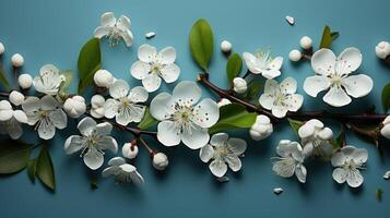 ai generado marco con blanco flores y hojas en un azul antecedentes foto