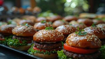 AI generated Many mini burgers are on a tray. Mini burgers with beef patty, tomato and green salad photo