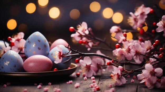 ai generado mágico Pascua de Resurrección antecedentes. pastel huevos en césped, flores, ligero. espacio para texto foto