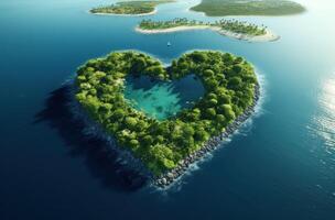 AI generated heart shaped island on sea background photo