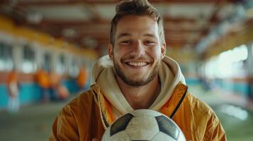 ai generado elegante hermoso hombre sostiene un fútbol pelota en su manos y se ríe mientras mirando a el cámara foto