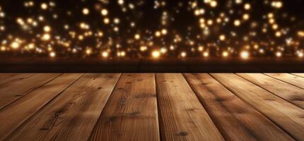 AI generated wooden table with lights on the background on holiday, christmas, winter photo