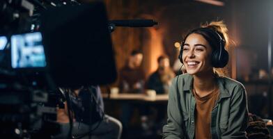 AI generated woman sitting in filmmaking studio smiling and speaking with video crew photo